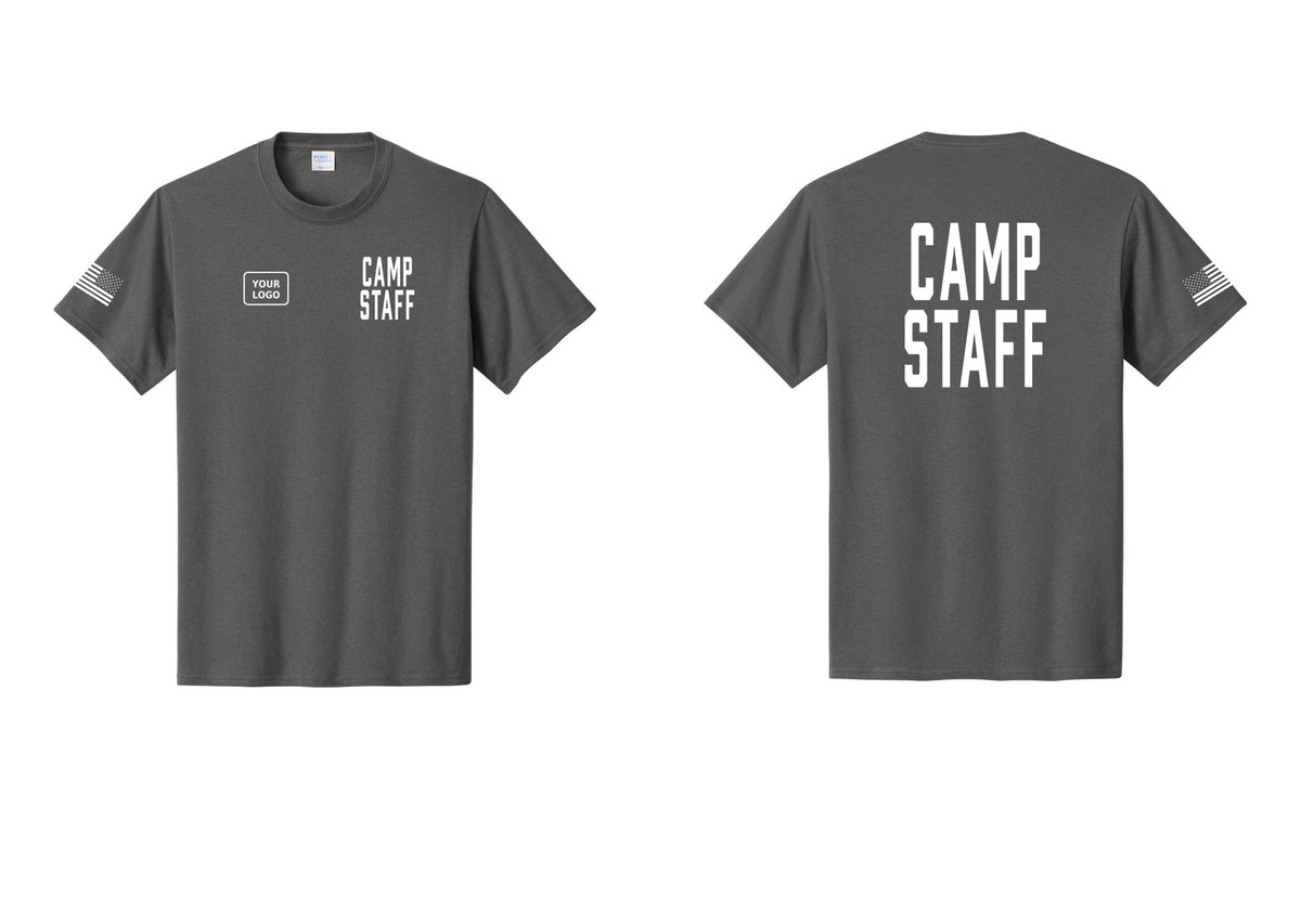 NYC Factory Unisex Custom Logo Camp Staff T-Shirt - CAMP STAFF + Your Logo + Back + US Flag Sleeve - Charcoal