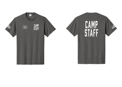 NYC Factory Unisex Custom Logo Camp Staff T-Shirt - CAMP STAFF + Your Logo + Back + US Flag Sleeve - Charcoal