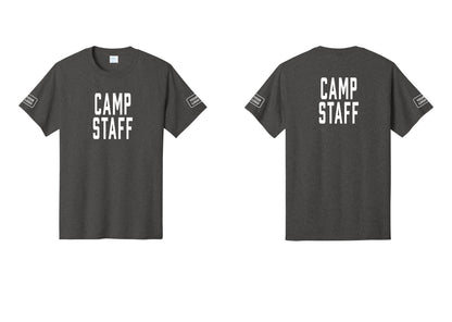 NYC Factory Custom Logo Camp Staff T-Shirt, Condensed Lettering - Front + Back + Your Logo Sleeves - Dark Heather Grey