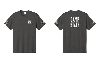 NYC Factory Custom Logo Camp Staff T-Shirt, Condensed Lettering - Chest + Back + Your Logo Sleeves - Dark Heather Grey