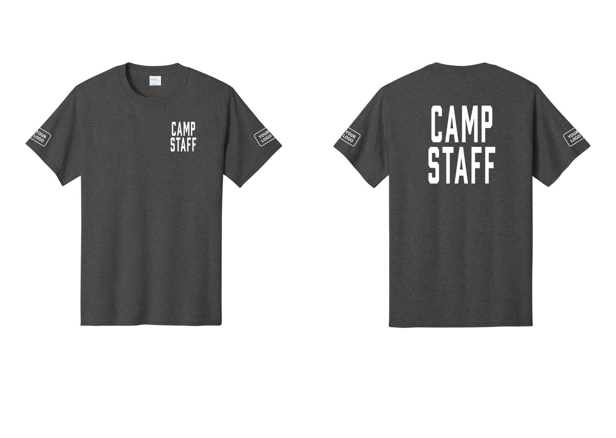 NYC Factory Unisex Custom Logo Camp Staff T-Shirt - Chest + Back + Your Logo Sleeves - Dark Heather Grey
