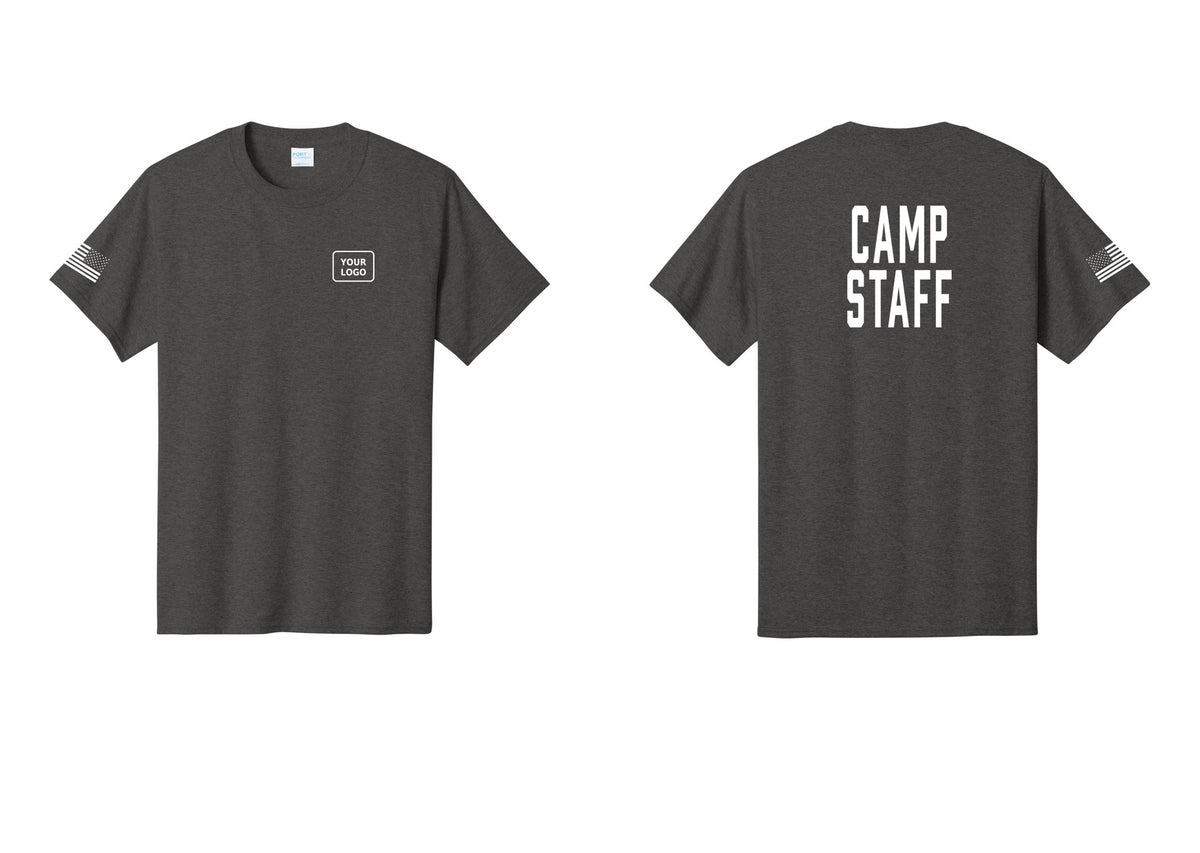 NYC Factory Custom Logo Camp Staff T-Shirt, Condensed Lettering - Your Logo + Back + US Flag Sleeve - Dark Heather Grey