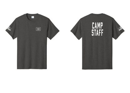 NYC Factory Custom Logo Camp Staff T-Shirt, Condensed Lettering - Your Logo + Back + US Flag Sleeve - Dark Heather Grey