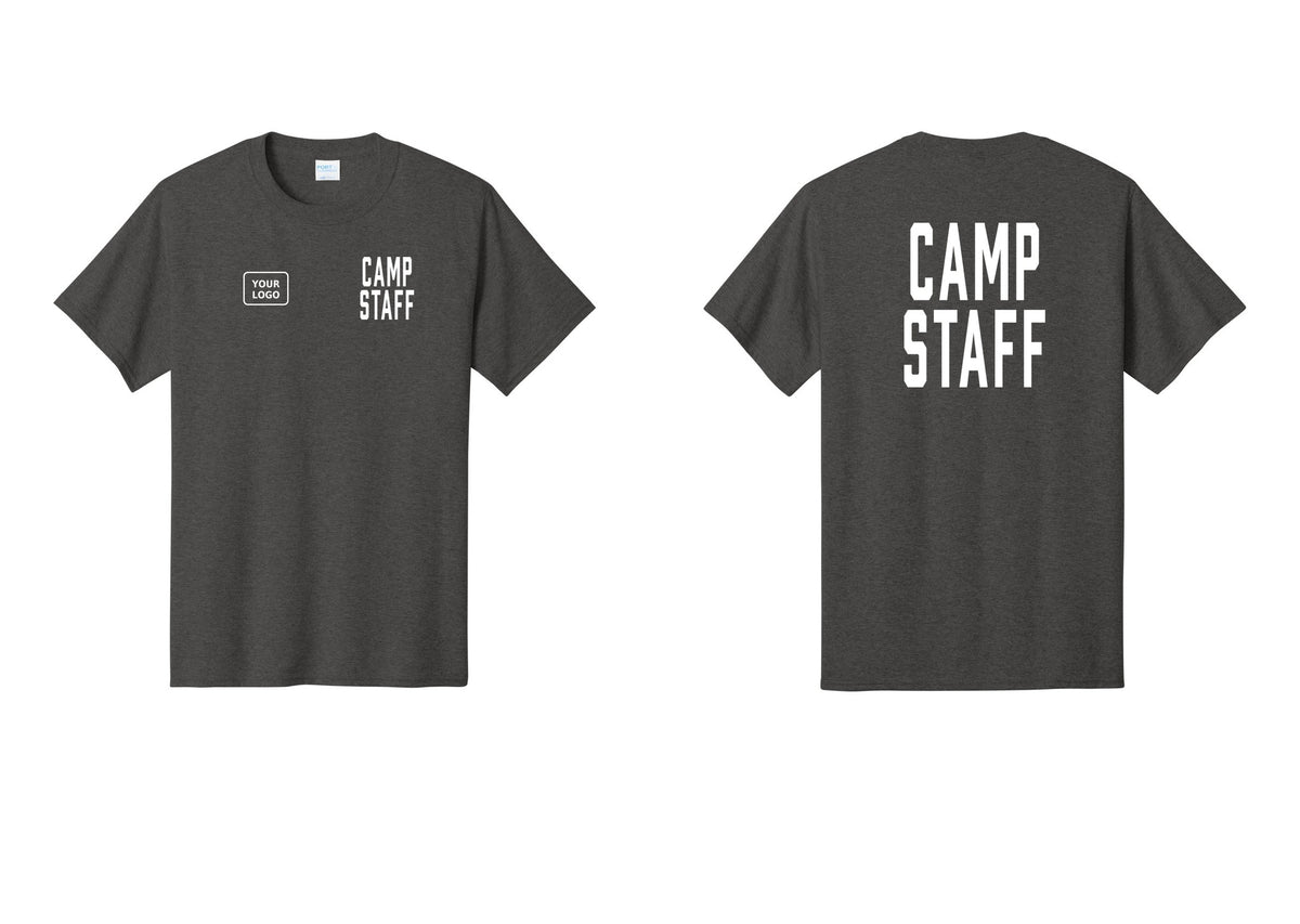 NYC Factory Unisex Custom Logo Camp Staff T-Shirt - CAMP STAFF + Your Logo + Back - Dark Heather Grey
