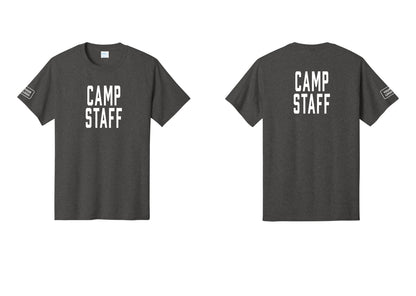 NYC Factory Custom Logo Camp Staff T-Shirt, Condensed Lettering - Front + Back + Your Logo Sleeve - Dark Heather Grey