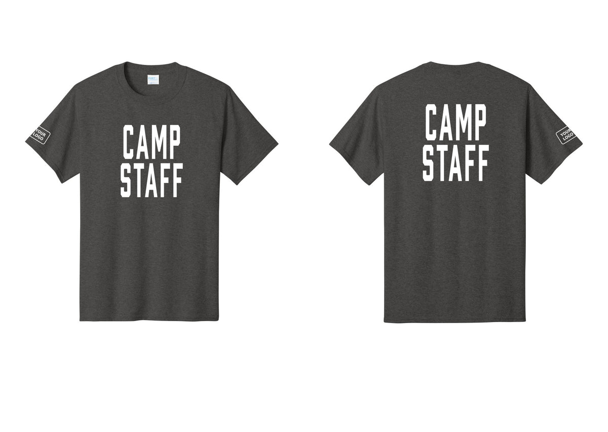 NYC Factory Unisex Custom Logo Camp Staff T-Shirt - Front + Back + Your Logo Sleeve - Dark Heather Grey