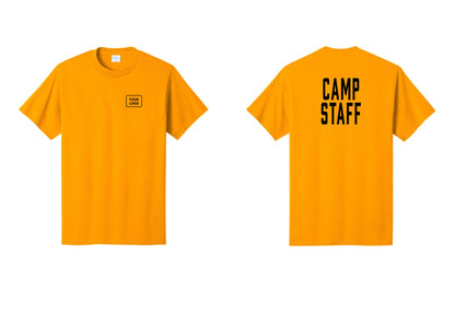 NYC Factory Custom Logo Camp Staff T-Shirt, Condensed Lettering - Your Logo + Back - Gold