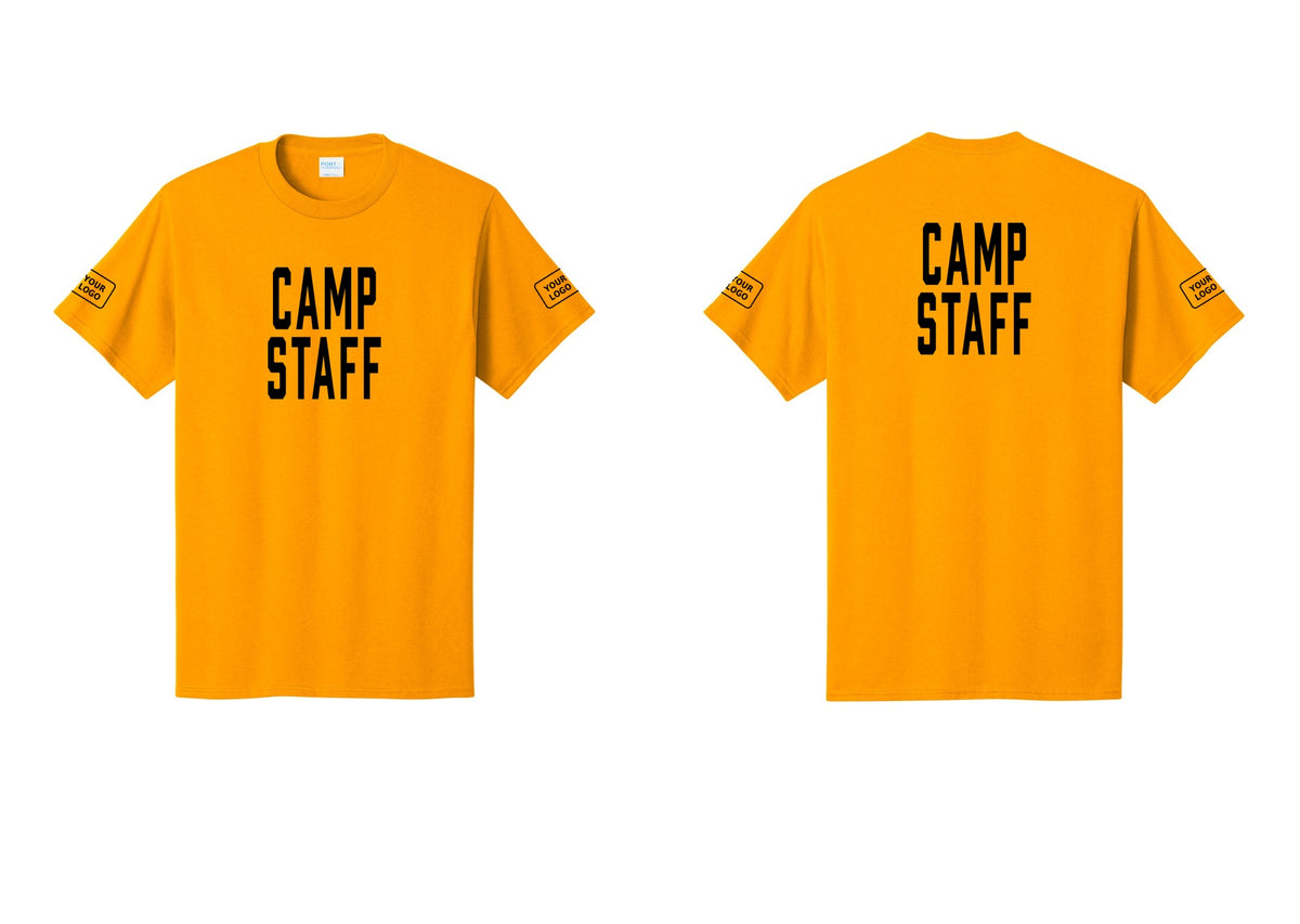 NYC Factory Custom Logo Camp Staff T-Shirt, Condensed Lettering - Front + Back + Your Logo Sleeves - Gold