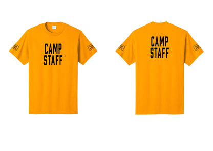NYC Factory Custom Logo Camp Staff T-Shirt, Condensed Lettering - Front + Back + Your Logo Sleeves - Gold