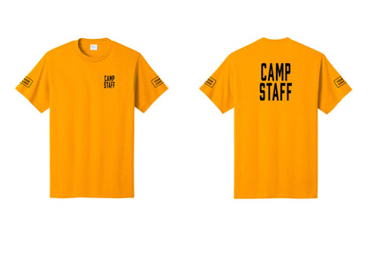 NYC Factory Custom Logo Camp Staff T-Shirt, Condensed Lettering - Chest + Back + Your Logo Sleeves - Gold