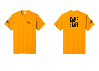 NYC Factory Custom Logo Camp Staff T-Shirt, Condensed Lettering - Your Logo + Back + US Flag Sleeve - Gold
