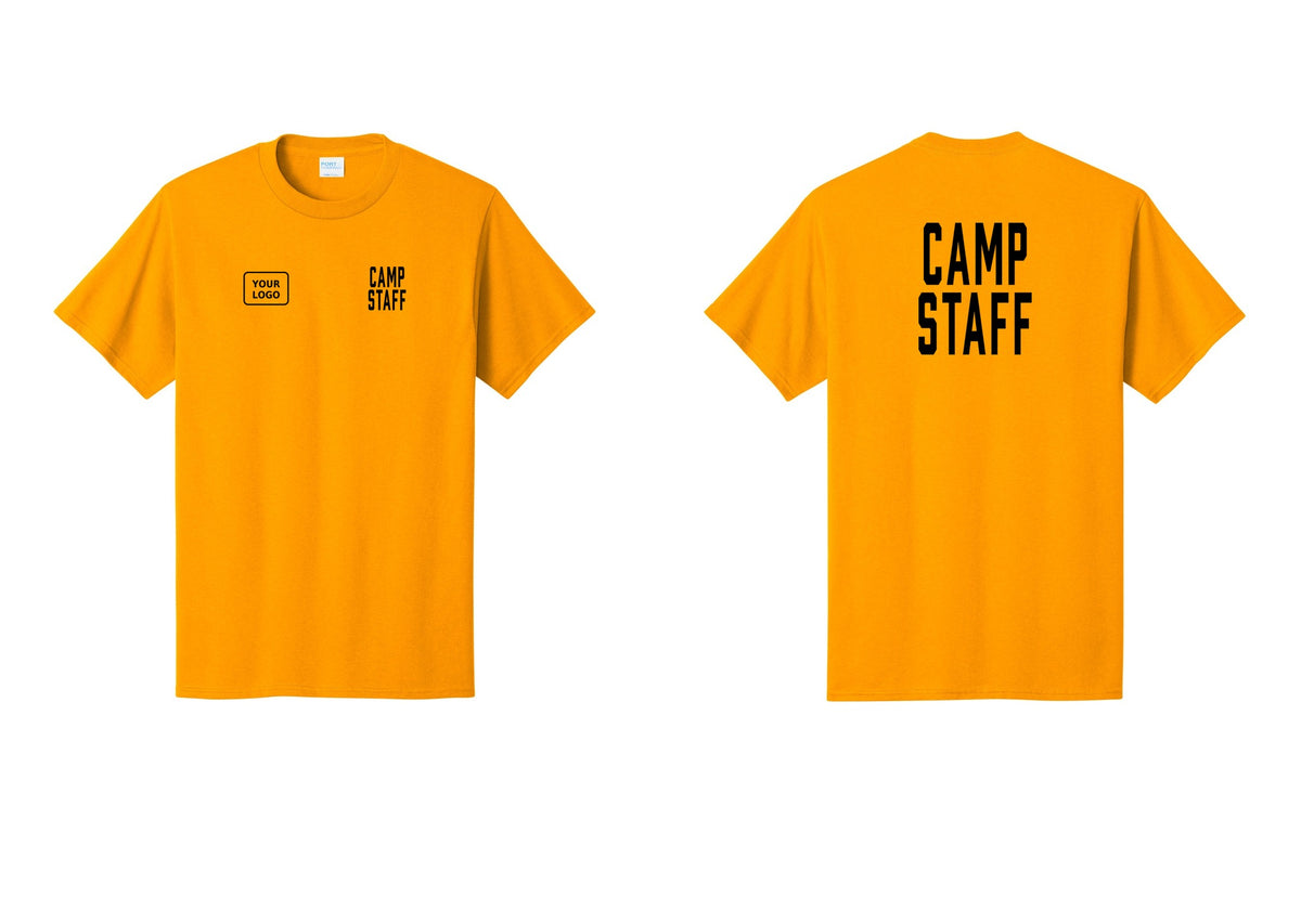NYC Factory Custom Logo Camp Staff T-Shirt, Condensed Lettering - CAMP STAFF + Your Logo + Back - Gold