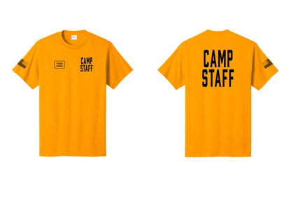 NYC Factory Unisex Custom Logo Camp Staff T-Shirt - CAMP STAFF + Your Logo + Back + US Flag Sleeve - Gold