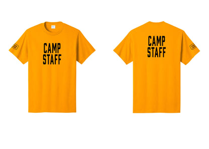 NYC Factory Custom Logo Camp Staff T-Shirt, Condensed Lettering - Front + Back + Your Logo Sleeve - Gold