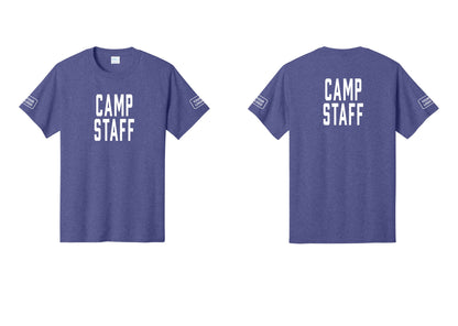 NYC Factory Custom Logo Camp Staff T-Shirt, Condensed Lettering - Front + Back + Your Logo Sleeves - Heather Purple