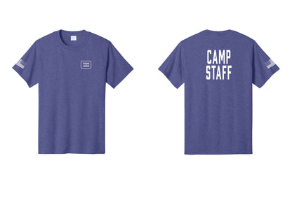 NYC Factory Custom Logo Camp Staff T-Shirt, Condensed Lettering - Your Logo + Back + US Flag Sleeve - Heather Purple