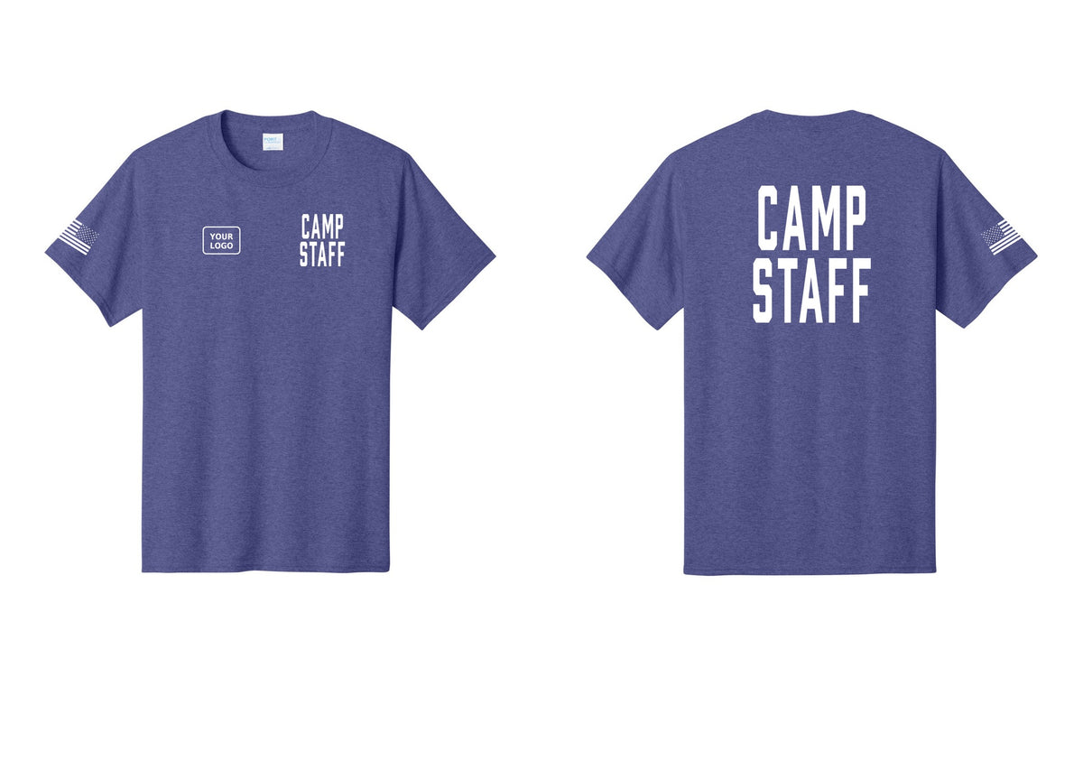 NYC Factory Unisex Custom Logo Camp Staff T-Shirt - CAMP STAFF + Your Logo + Back + US Flag Sleeve - Heather Purple