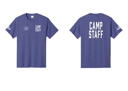 NYC Factory Unisex Custom Logo Camp Staff T-Shirt - CAMP STAFF + Your Logo + Back + US Flag Sleeve - Heather Purple
