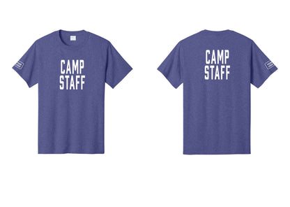 NYC Factory Custom Logo Camp Staff T-Shirt, Condensed Lettering - Front + Back + Your Logo Sleeve - Heather Purple