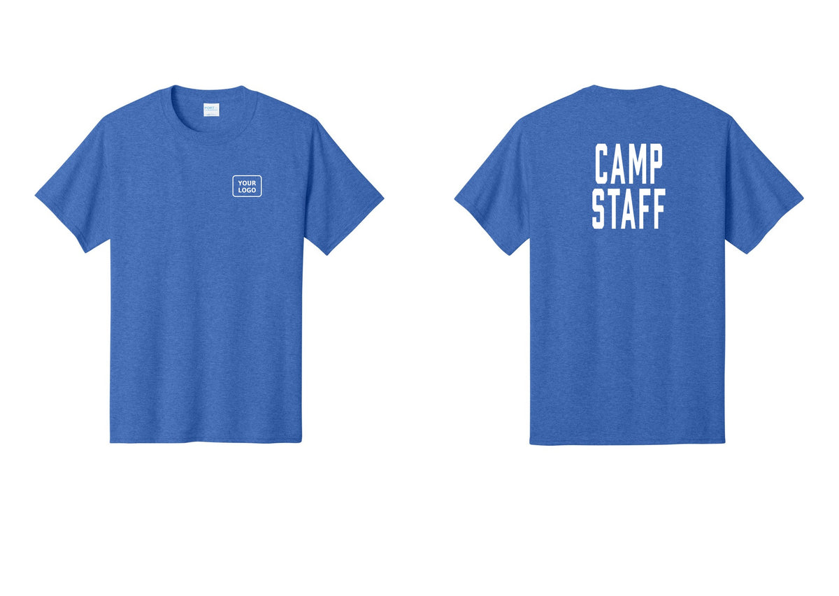 NYC Factory Custom Logo Camp Staff T-Shirt, Condensed Lettering - Your Logo + Back - Heather Royal
