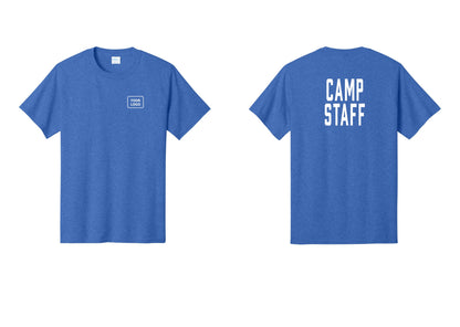 NYC Factory Custom Logo Camp Staff T-Shirt, Condensed Lettering - Your Logo + Back - Heather Royal