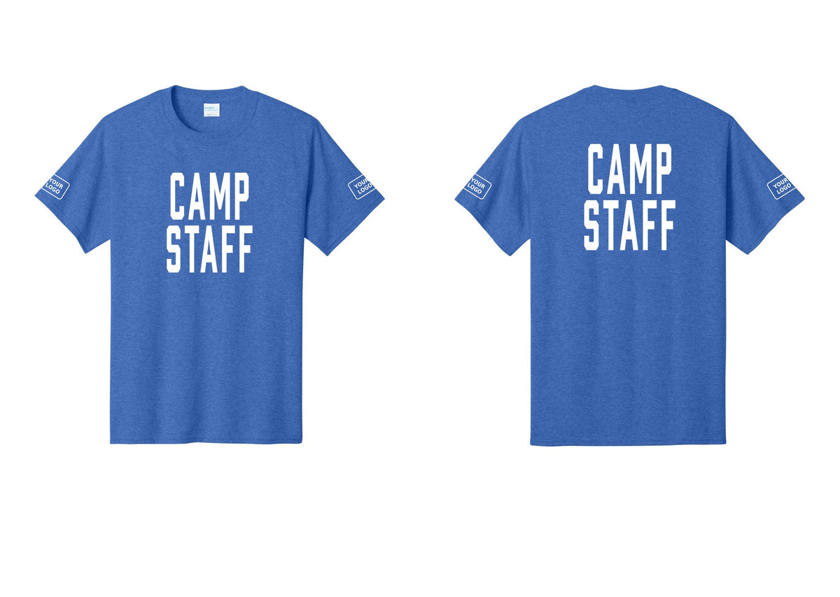 NYC Factory Unisex Custom Logo Camp Staff T-Shirt - Front + Back + Your Logo Sleeves - Heather Royal