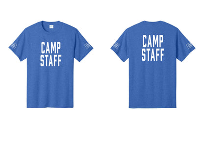NYC Factory Unisex Custom Logo Camp Staff T-Shirt - Front + Back + Your Logo Sleeves - Heather Royal