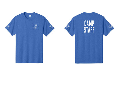 NYC Factory Custom Logo Camp Staff T-Shirt, Condensed Lettering - Chest + Back + Your Logo Sleeves - Heather Royal