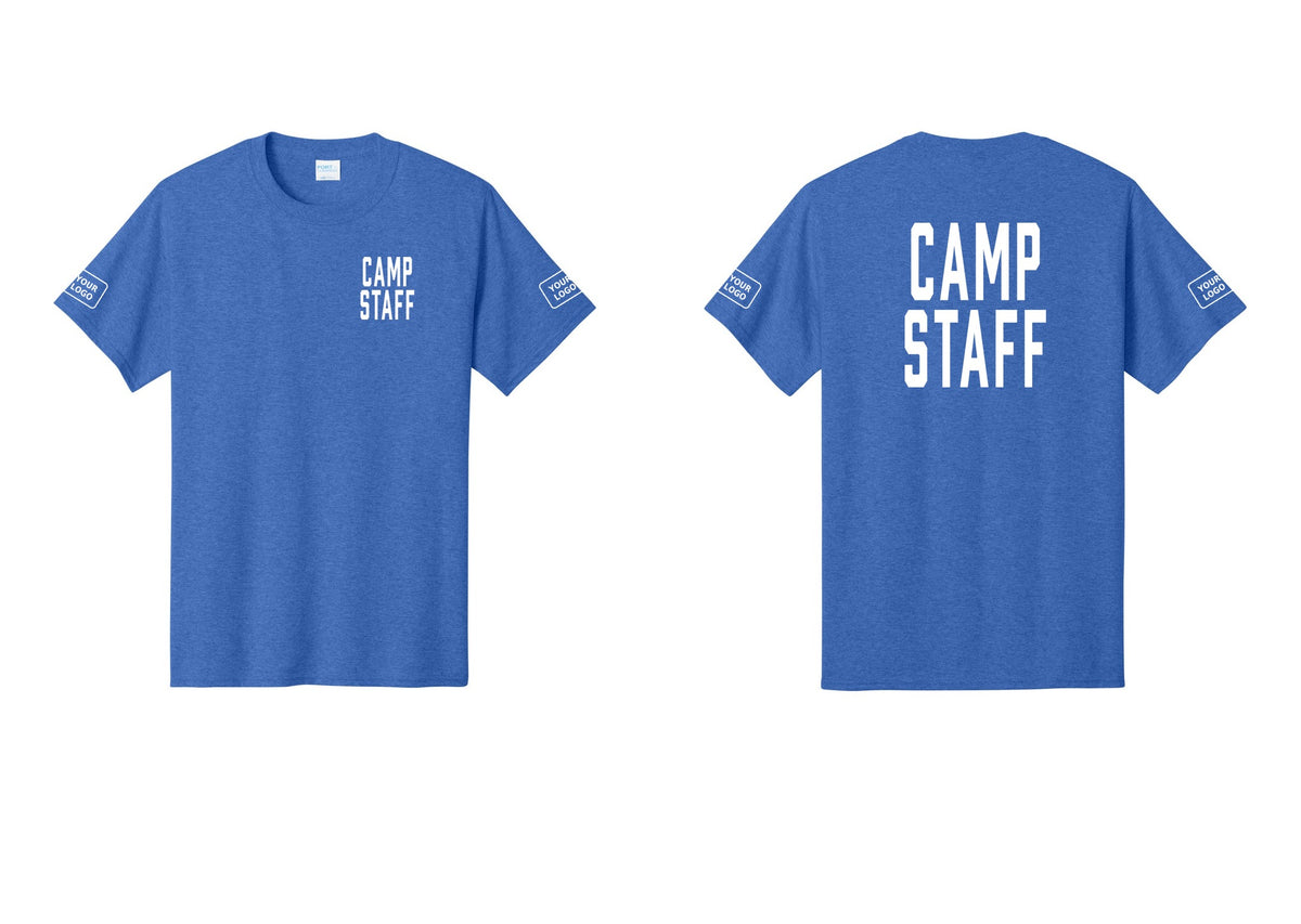 NYC Factory Unisex Custom Logo Camp Staff T-Shirt - Chest + Back + Your Logo Sleeves - Heather Royal