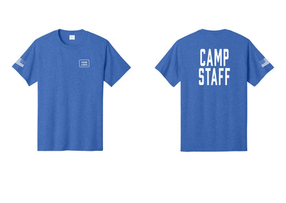 NYC Factory Unisex Custom Logo Camp Staff T-Shirt - Your Logo + Back + US Flag Sleeve - Heather Royal