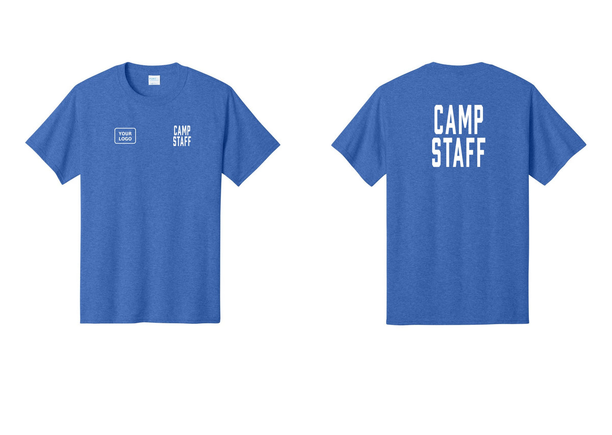 NYC Factory Custom Logo Camp Staff T-Shirt, Condensed Lettering - CAMP STAFF + Your Logo + Back - Heather Royal