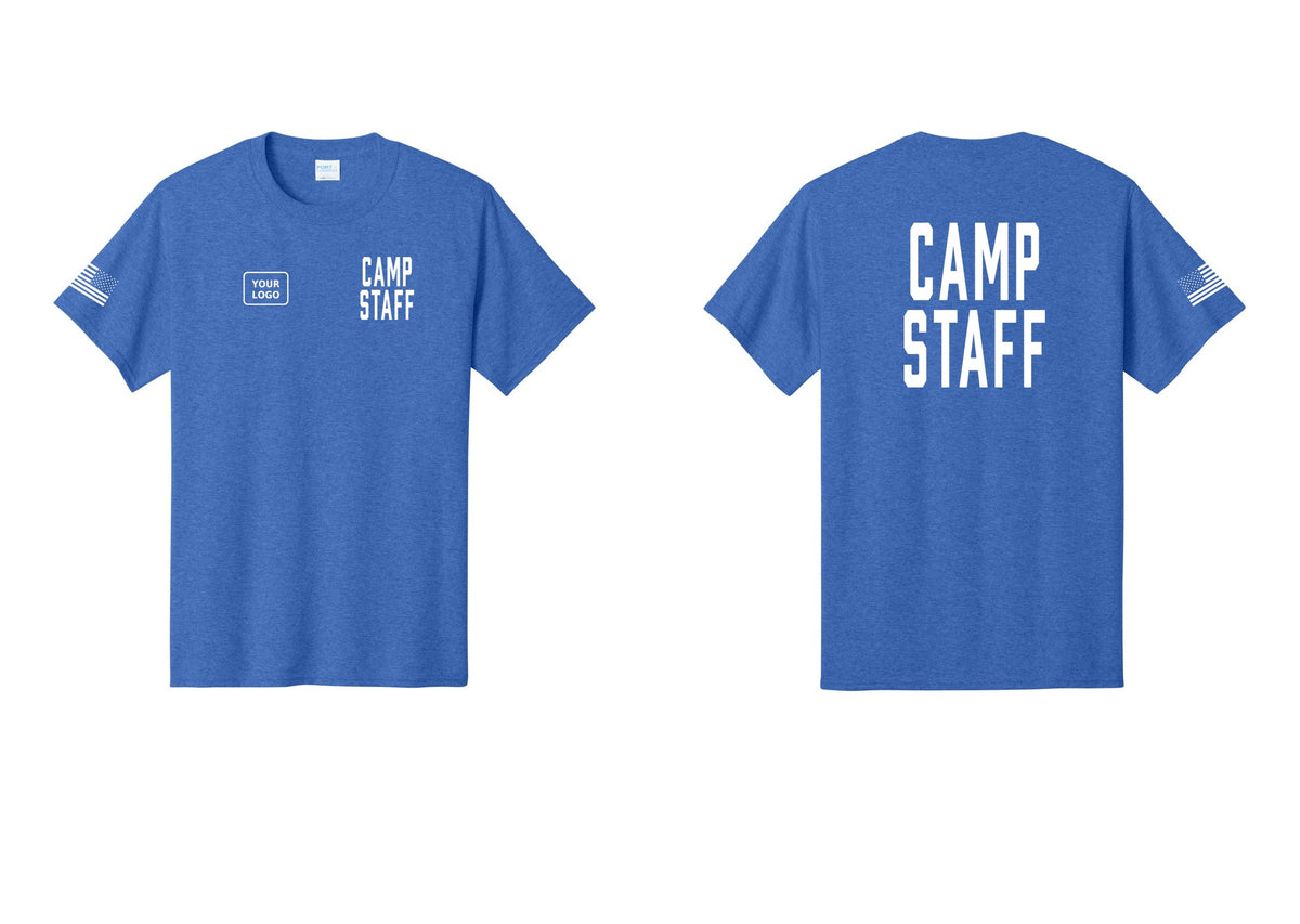 NYC Factory Unisex Custom Logo Camp Staff T-Shirt - CAMP STAFF + Your Logo + Back + US Flag Sleeve - Heather Royal