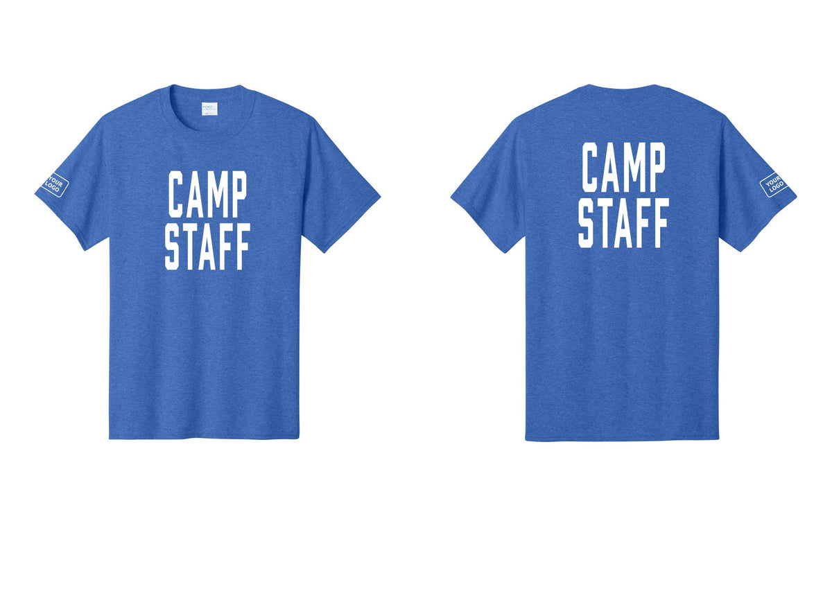 NYC Factory Unisex Custom Logo Camp Staff T-Shirt - Front + Back + Your Logo Sleeve - Heather Royal