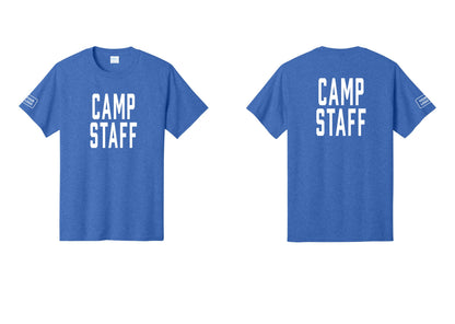 NYC Factory Unisex Custom Logo Camp Staff T-Shirt - Front + Back + Your Logo Sleeve - Heather Royal