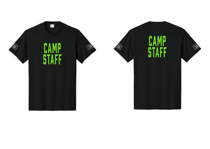 NYC Factory Custom Logo Camp Staff T-Shirt, Condensed Lettering - Front + Back + Your Logo Sleeves - Black / Neon
