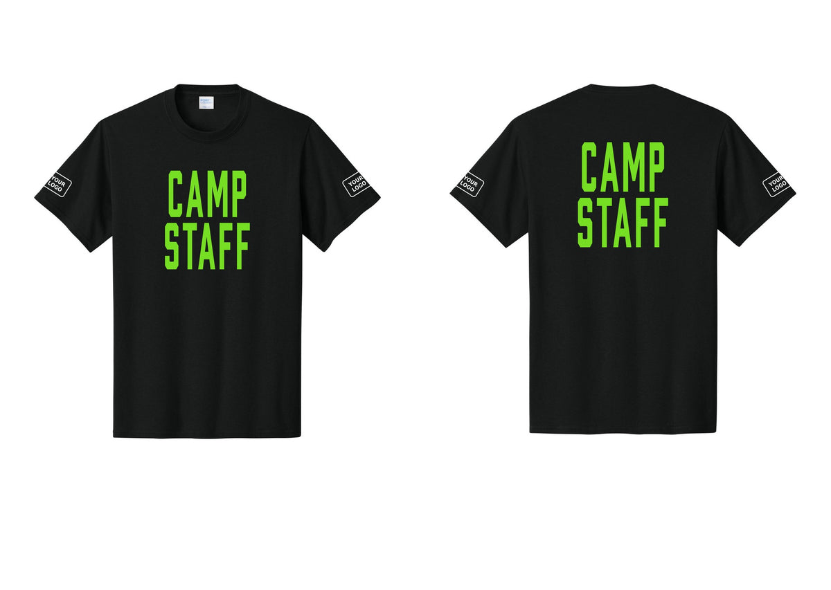 NYC Factory Unisex Custom Logo Camp Staff T-Shirt - Front + Back + Your Logo Sleeves - Black / Neon
