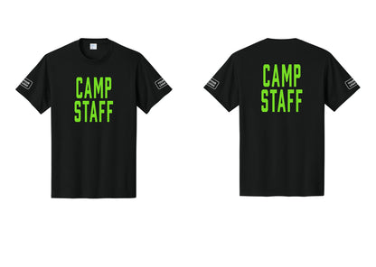 NYC Factory Unisex Custom Logo Camp Staff T-Shirt - Front + Back + Your Logo Sleeves - Black / Neon