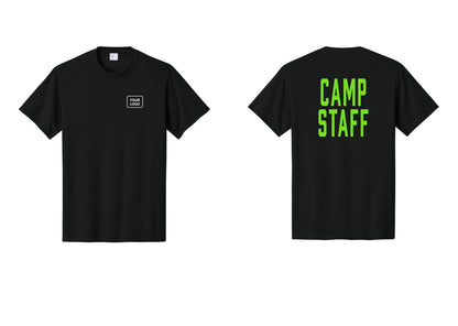 NYC Factory Unisex Custom Logo Camp Staff T-Shirt - Your Logo + Back - Black / Neon