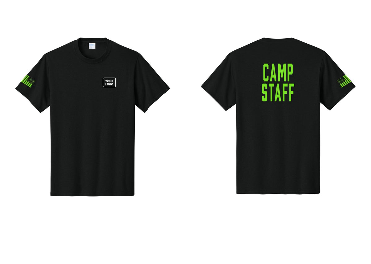 NYC Factory Custom Logo Camp Staff T-Shirt, Condensed Lettering - Your Logo + Back + US Flag Sleeve - Black / Neon