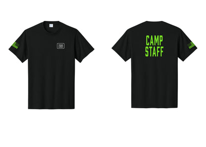 NYC Factory Custom Logo Camp Staff T-Shirt, Condensed Lettering - Your Logo + Back + US Flag Sleeve - Black / Neon