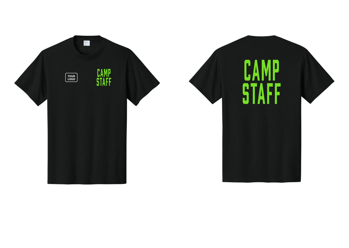 NYC Factory Unisex Custom Logo Camp Staff T-Shirt - CAMP STAFF + Your Logo + Back - Black / Neon