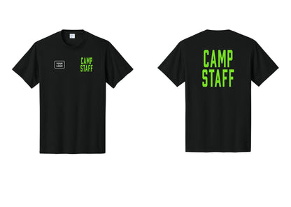 NYC Factory Unisex Custom Logo Camp Staff T-Shirt - CAMP STAFF + Your Logo + Back - Black / Neon