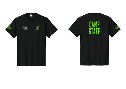 NYC Factory Custom Logo Camp Staff T-Shirt, Condensed Lettering - CAMP STAFF + Your Logo + Back + US Flag Sleeve - Black / Neon
