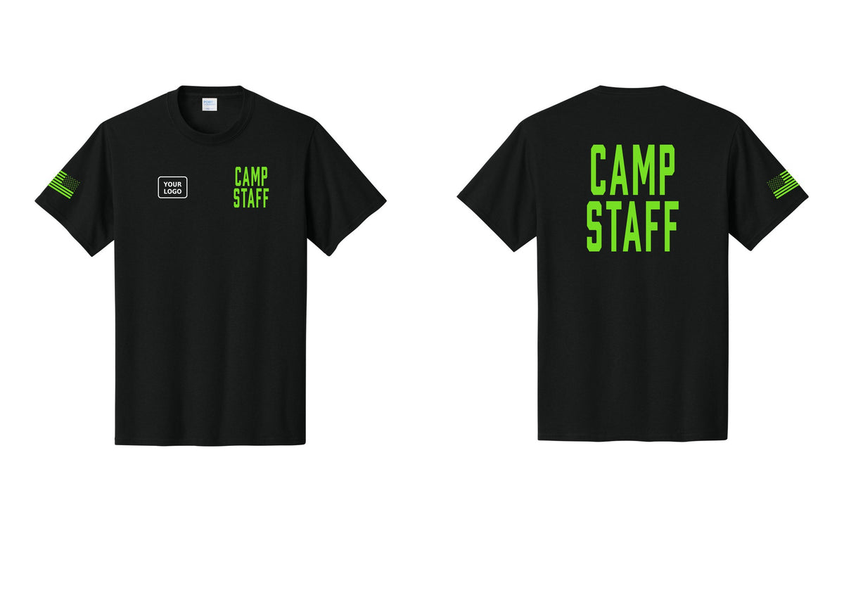 NYC Factory Unisex Custom Logo Camp Staff T-Shirt - CAMP STAFF + Your Logo + Back + US Flag Sleeve - Black / Neon