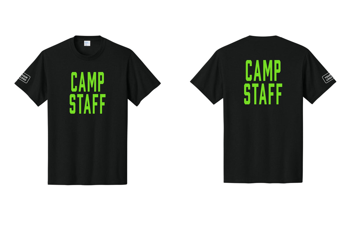 NYC Factory Unisex Custom Logo Camp Staff T-Shirt - Front + Back + Your Logo Sleeve - Black / Neon