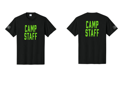 NYC Factory Unisex Custom Logo Camp Staff T-Shirt - Front + Back + Your Logo Sleeve - Black / Neon