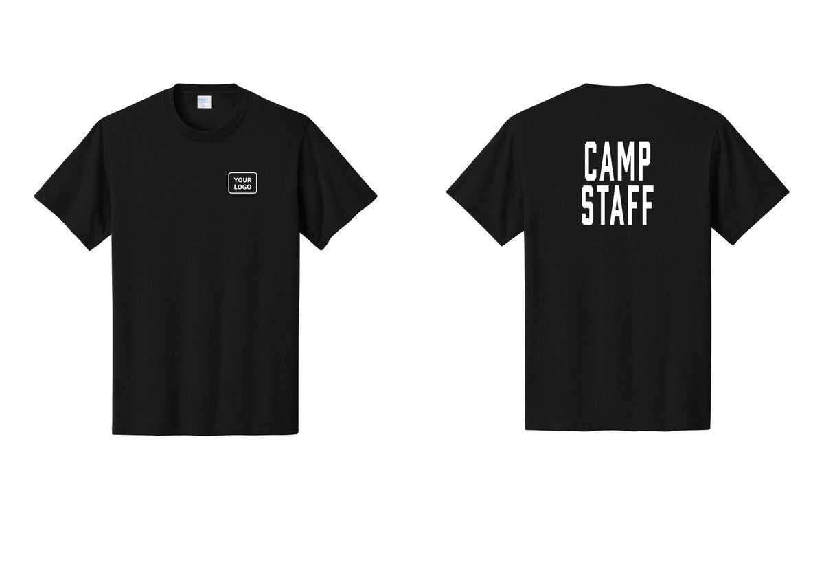 NYC Factory Custom Logo Camp Staff T-Shirt, Condensed Lettering - Your Logo + Back - Black