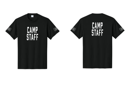 NYC Factory Custom Logo Camp Staff T-Shirt, Condensed Lettering - Front + Back + Your Logo Sleeves - Black