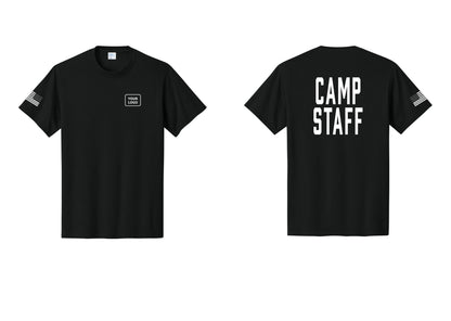 NYC Factory Unisex Custom Logo Camp Staff T-Shirt - Your Logo + Back + US Flag Sleeve - Black