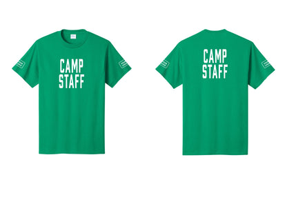 NYC Factory Custom Logo Camp Staff T-Shirt, Condensed Lettering - Front + Back + Your Logo Sleeves - Kelly